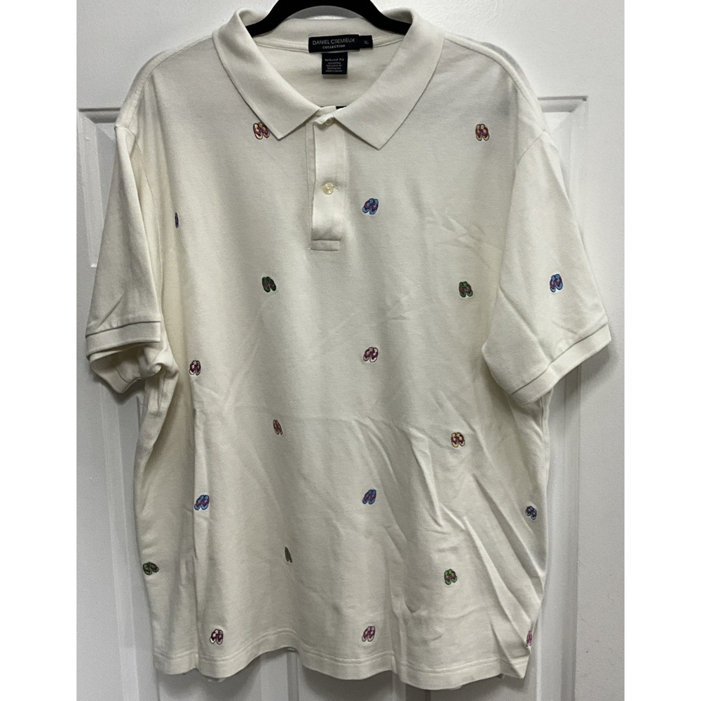 Daniel Cremieux White/Cream Flip Flop Embroidered Polo/Golf Shirt Cotton Mens XL